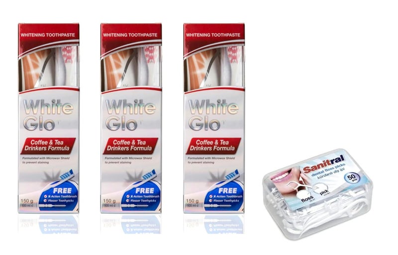 White Glo Premium Coffee & Tea Drinkers Formula Intense Extra Whitening Toothpaste & Toothbrush-100 ml (Pack of 3) with Sanitral 50 Pcs Dental Floss Stick Included as a Gift